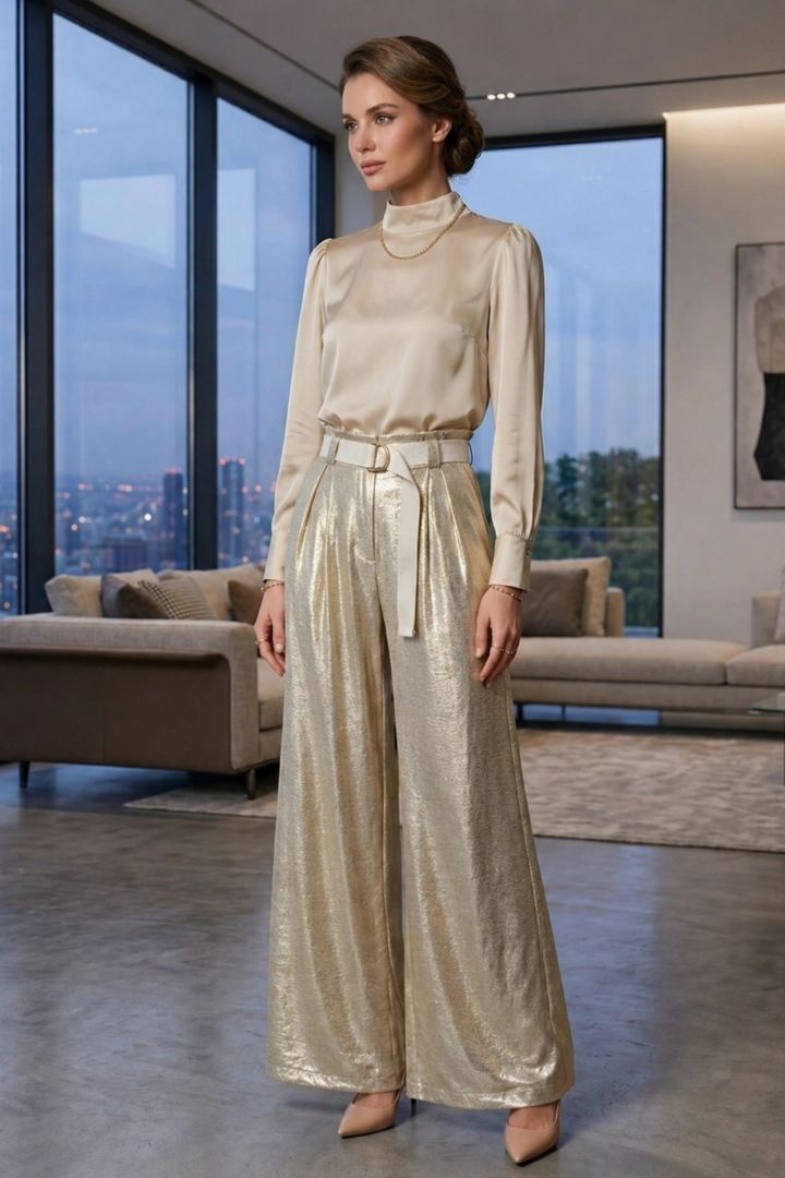 Spodnie beżowe wide leg błyszczące z zakładkami kieszeniami i wysokim stanem Arvier
