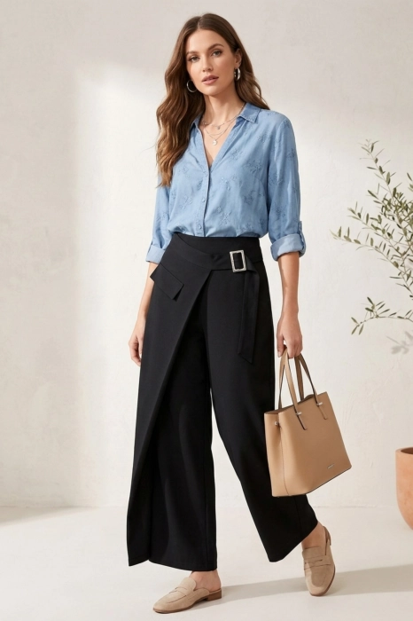 Spodnie wide leg czarne na gumce w pasie szeroka nogawka zakładka Bionaz