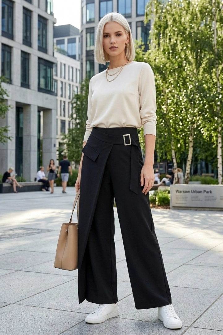 Spodnie damskie czarne szerokie nogawki gumka w pasie ozdobna zakładka Bionaz