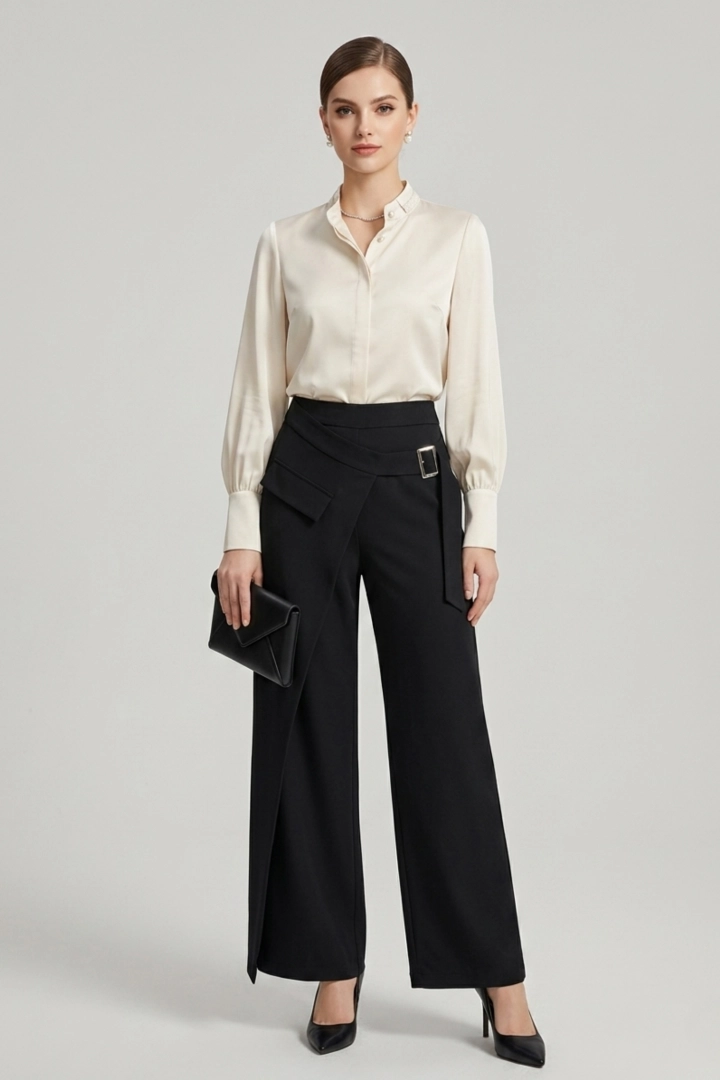 Spodnie wide leg czarne luźne z gumką w pasie i zakładką Bionaz