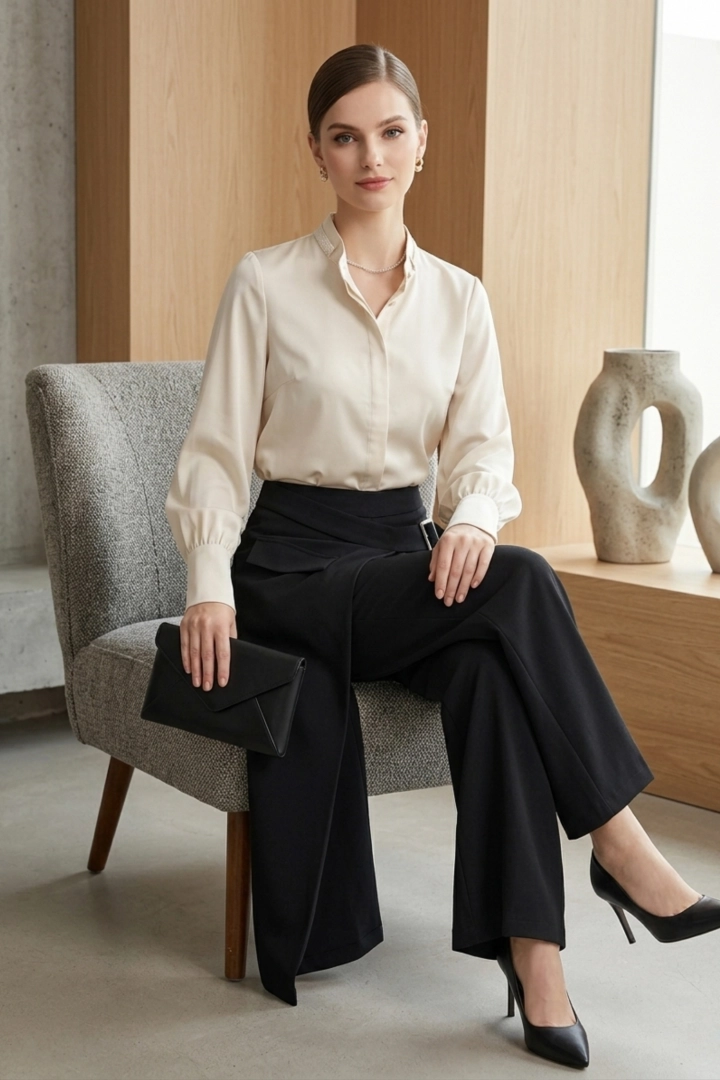 Spodnie damskie czarne z szeroką nogawką i ozdobnym przodem Bionaz