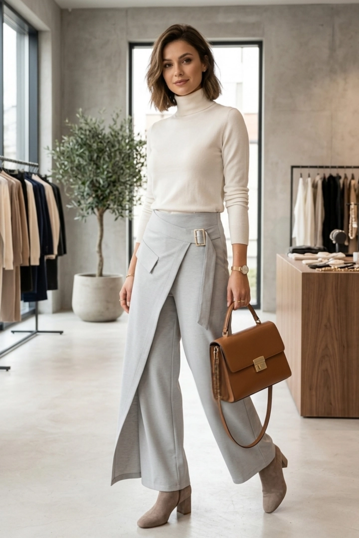 Spodnie wide leg gołębie luźne z gumką w pasie i zakładką Bionaz