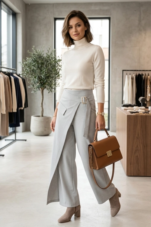 Spodnie wide leg gołębie luźne z gumką w pasie i zakładką Bionaz