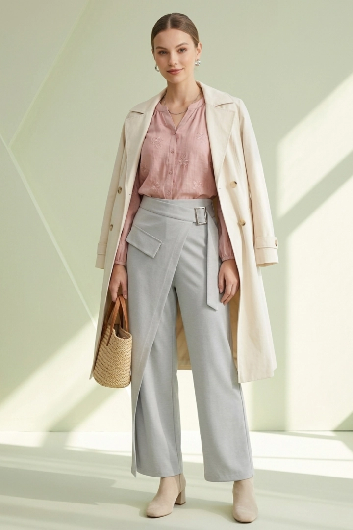 Spodnie damskie gołębie szerokie nogawki gumka w pasie ozdobna zakładka Bionaz