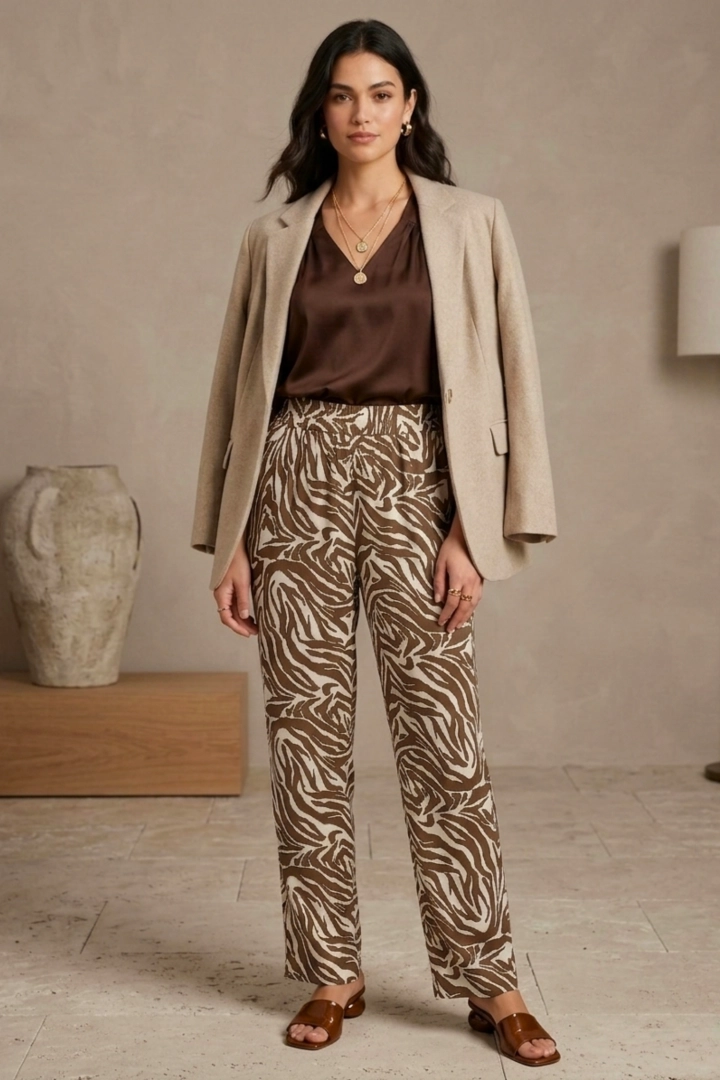 spodnie damskie brązowe zebra wzór szerokie nogawki wysokie w pasie Malvizza