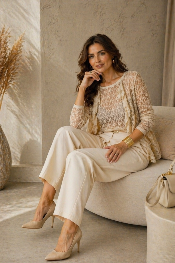 Bluzka damska koronkowa beżowa elegancka z falbanką długi rękaw Chambave