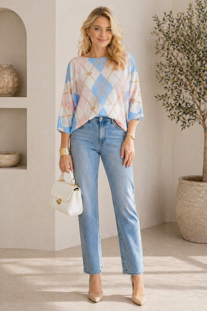 Bluzka damska oversize ecru z niebieskimi rombami i krótkim rękawem kimono nadaje całości świeży charakter.