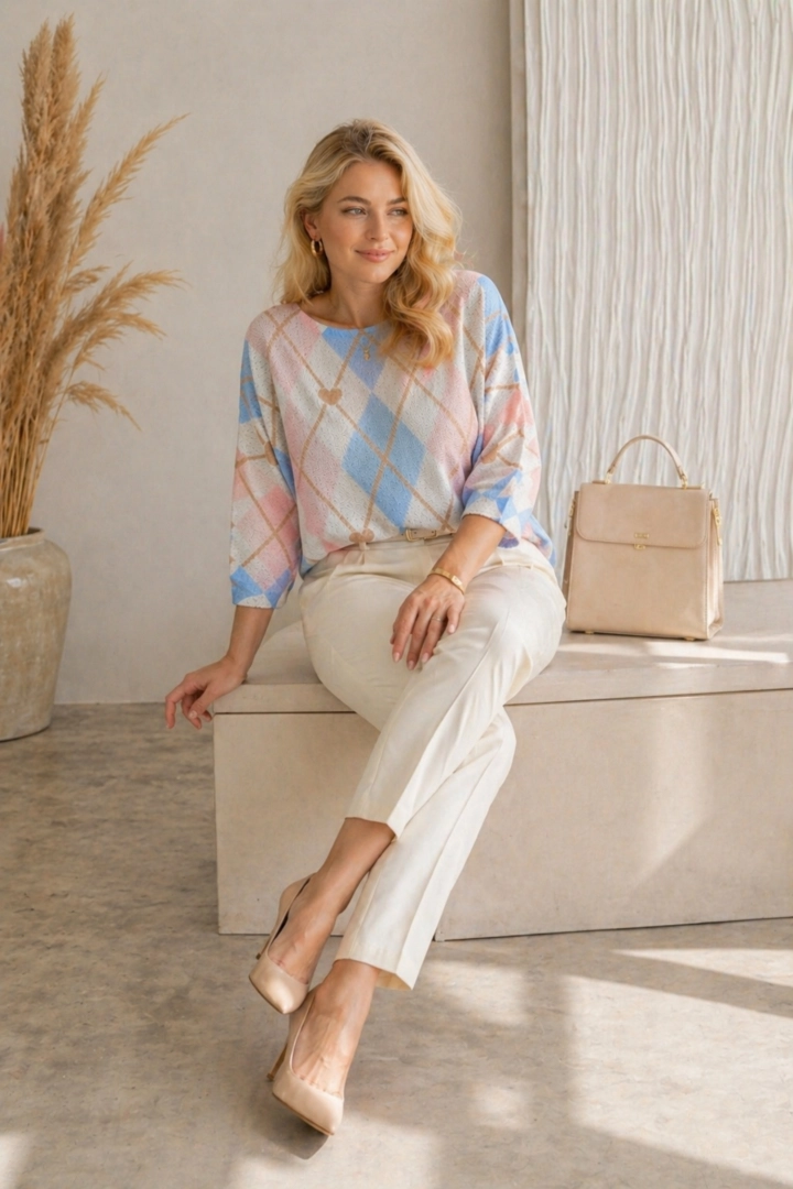 Bluzka damska oversize ecru w romby niebieskie z szerokim rękawem kimono zapewnia swobodny i naturalny efekt.