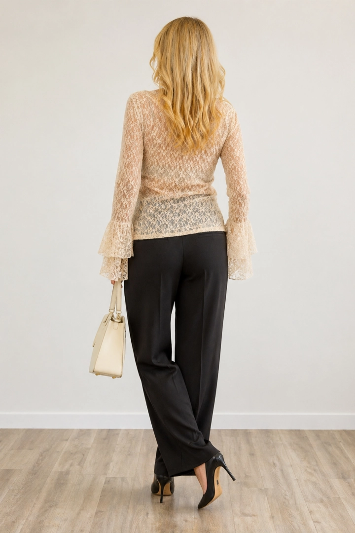 bluzka koronkowa cappuccino damska dekolt V rękaw z falbanką wizytowa Tertiveri