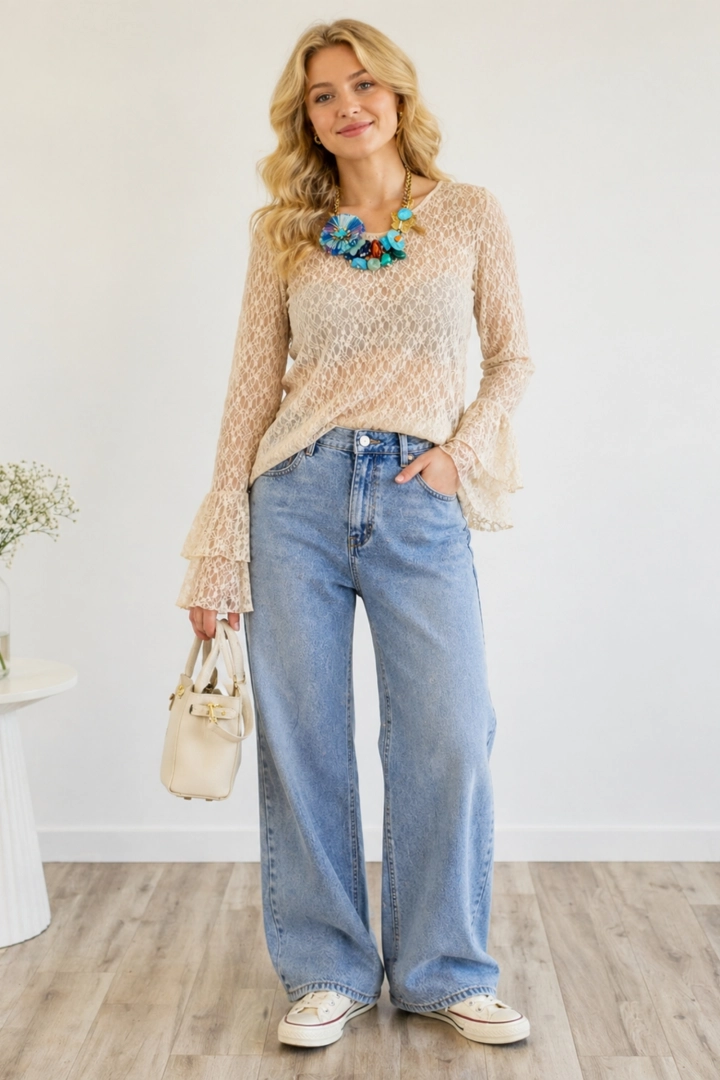 bluzka koronkowa beżowa elegancka dekolt V rękaw falbana stylowa Tertiveri