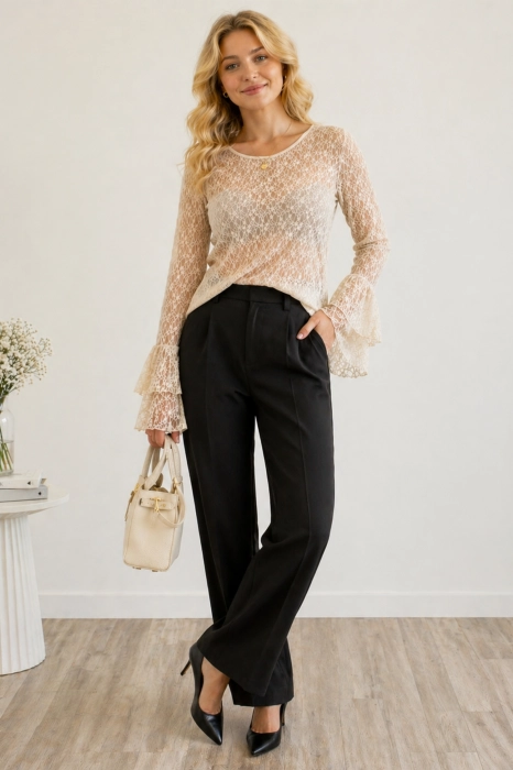 bluzka damska koronkowa beżowa cappuccino dekolt V rękaw falbana elegancka Tertiveri