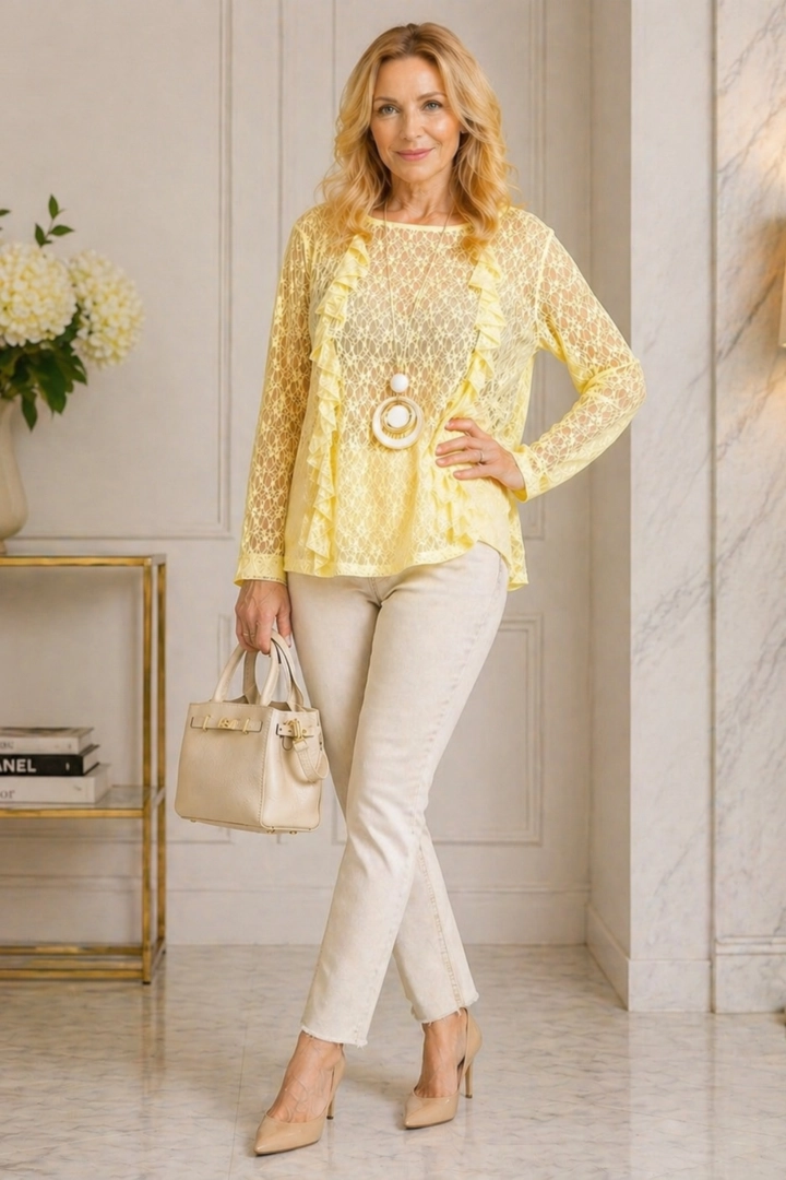 Bluzka koronkowa pastelowo żółta styl romantyczny z falbanką i długim rękawem Chambave