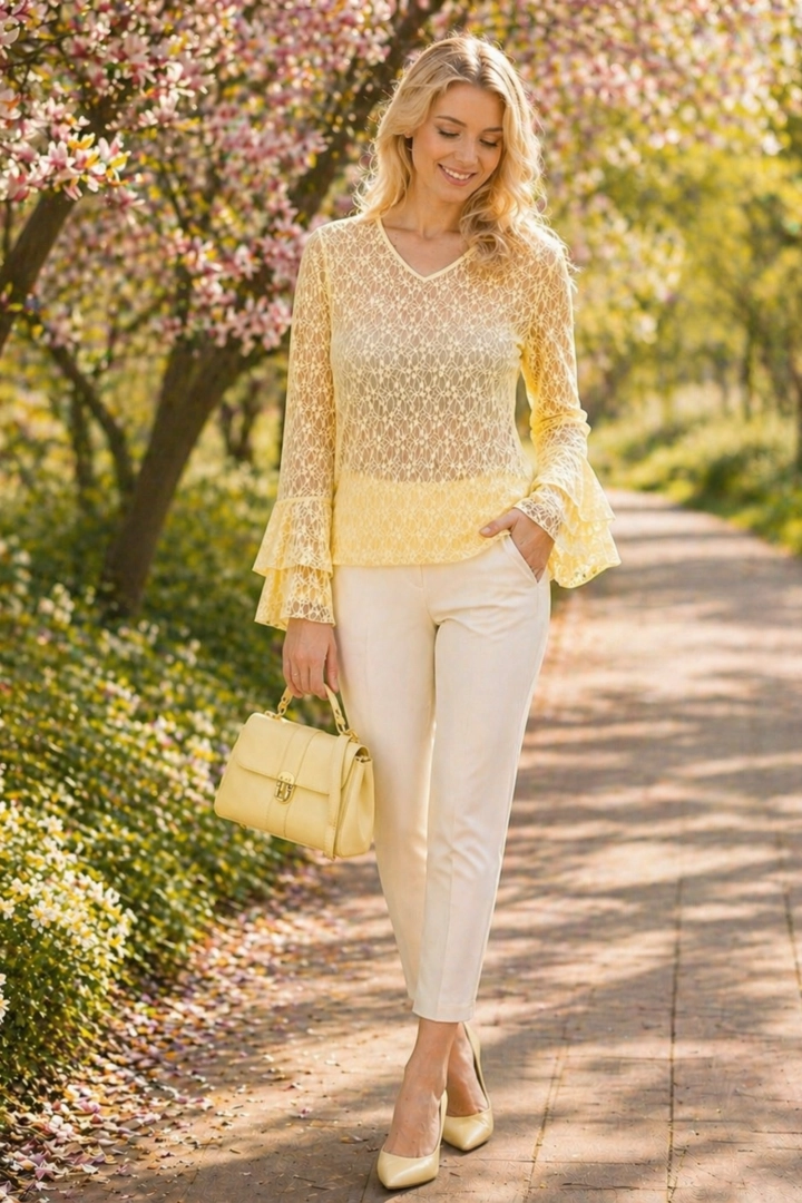 Bluzka damska koronkowa pastelowo żółta z dekoltem V z rękawem zakończonym falbanką elegancka Tertiveri 