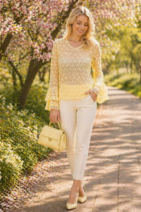bluzka damska koronkowa pastelowy żółty dekolt V rękaw falbana elegancka Tertiveri