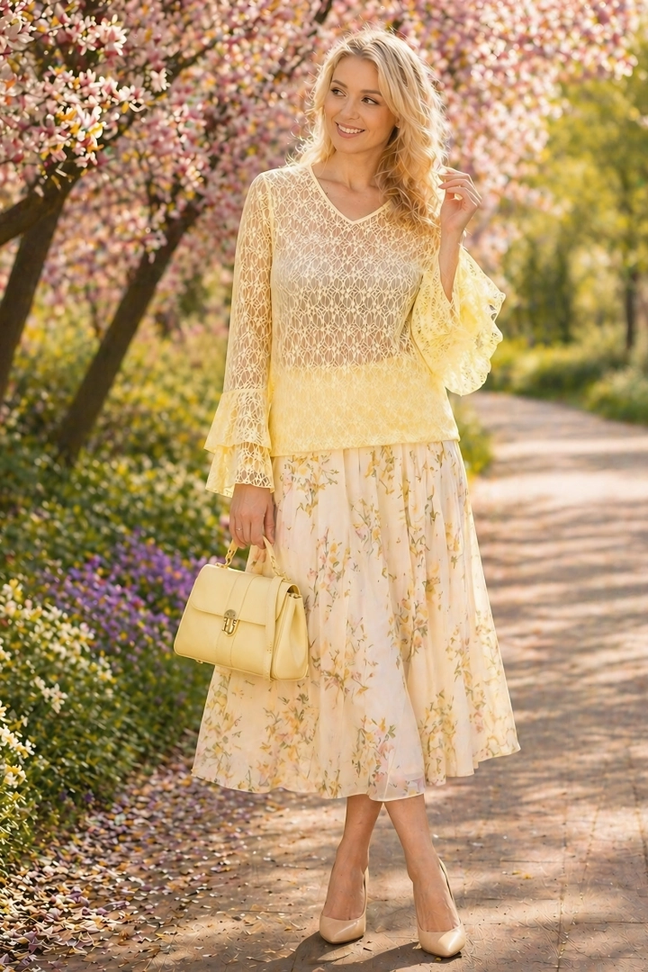 bluzka damska jasny żółty koronka dekolt V rękaw rozszerzany Tertiveri