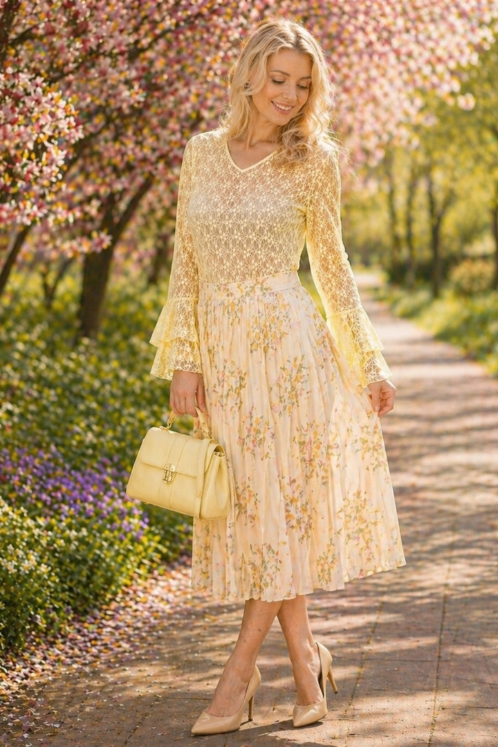 bluzka koronkowa pastelowa żółta elegancka dekolt V rękaw falbana Tertiveri