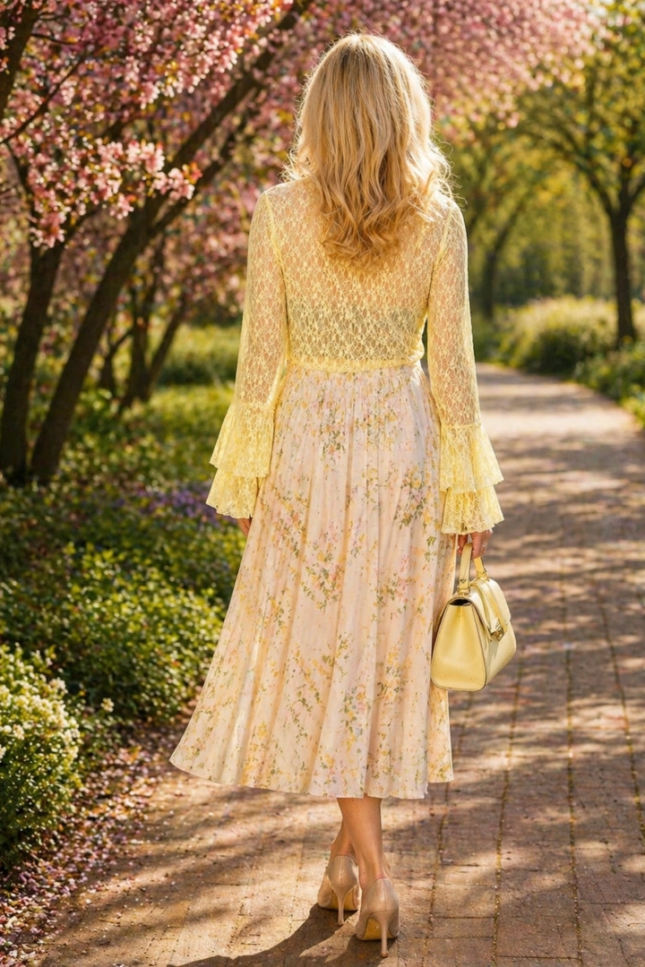 bluzka damska żółta koronka dekolt V rękaw falbana stylowa Tertiveri