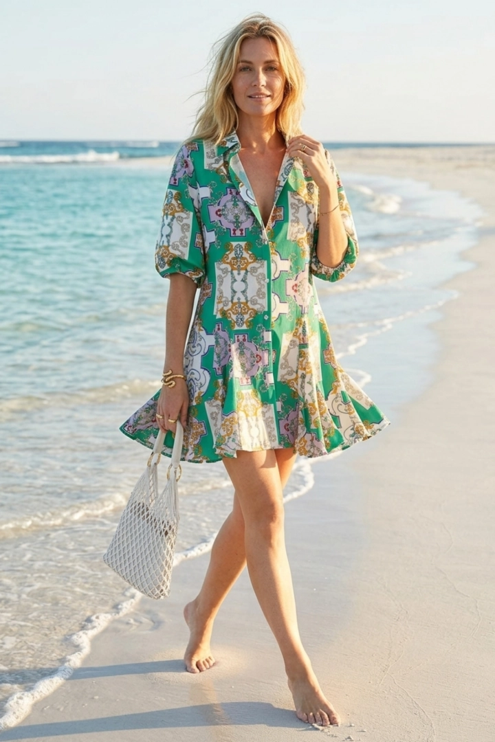 Sukienka zielona koszulowa mini z kołnierzykiem wzorzysta paisley lekka Pietramontecorvino