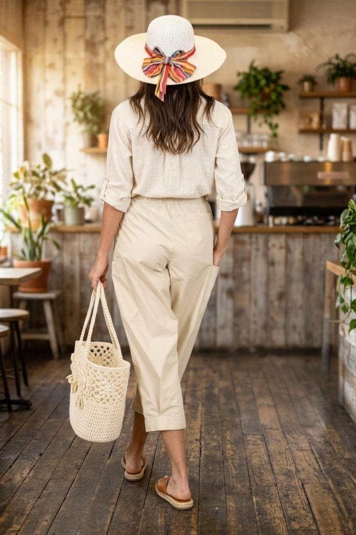 Spodnie damskie balloon beżowe szerokie nogawki kieszenie i zakładki Champdepraz