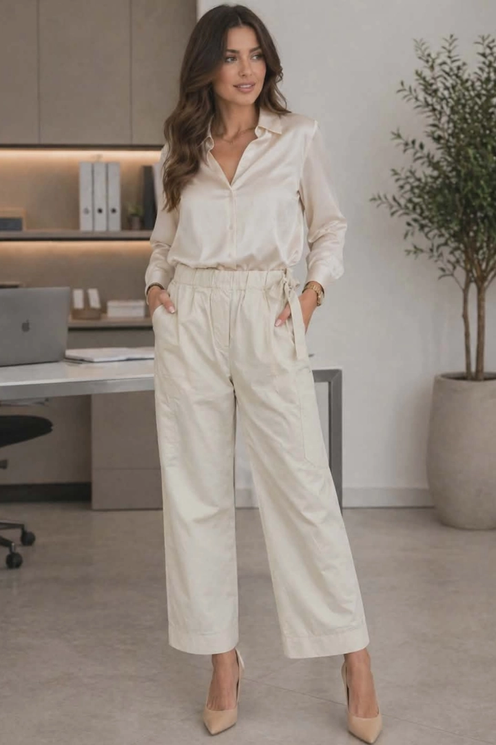 Spodnie damskie beżowe balloon z dużymi kieszeniami i wysokim stanem Champdepraz