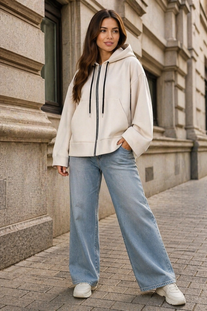 Bluza damska beżowa oversize z kapturem asymetryczna ortalionowa wstawka Corropoli