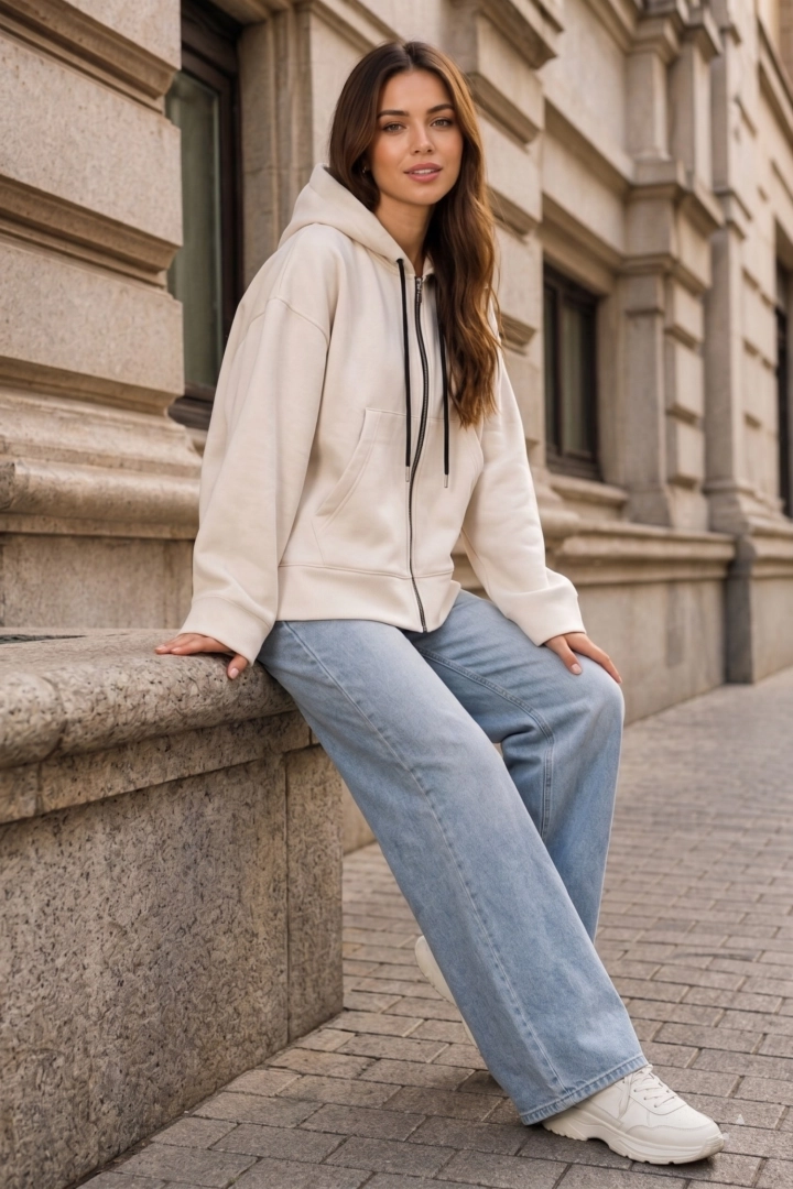 Bluza oversize damska beżowa kaptur asymetryczny krój ortalionowa wstawka Corropoli