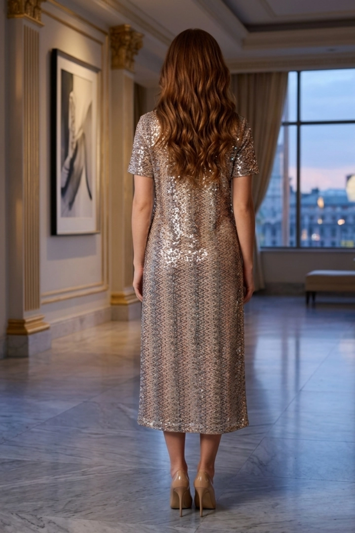 Sukienka midi khaki z cekinów i bocznymi rozcięciami to wygodna propozycja na wyjścia.
