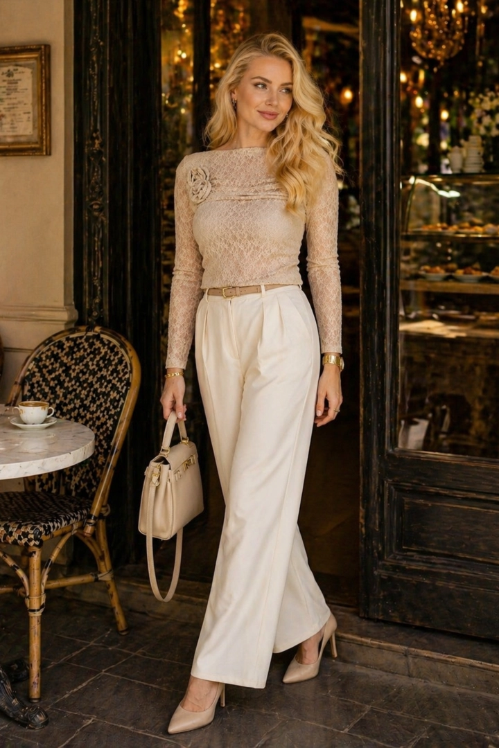 Bluzka beżowa koronkowa z aplikacją kwiatową 3D długi rękaw Champorcher