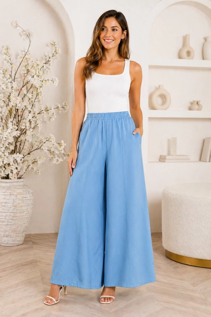 Spodnie damskie błękitne kuloty na gumce z wysokim stanem i kieszeniami Capoiale