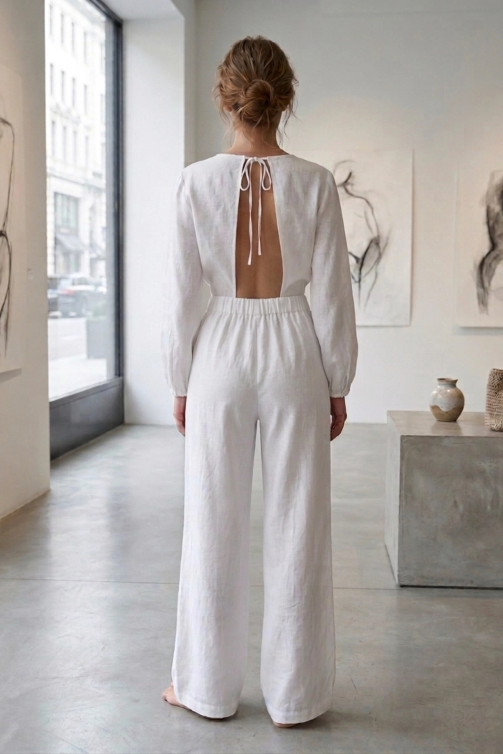 Spodnie damskie białe lniane szerokie wide leg z wysokim stanem i wiązaną zakładką Acquabona