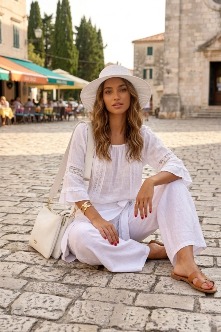 Spodnie damskie lniane białe eleganckie wide leg z wysokim stanem i kopertowym wiązaniem Acquabona