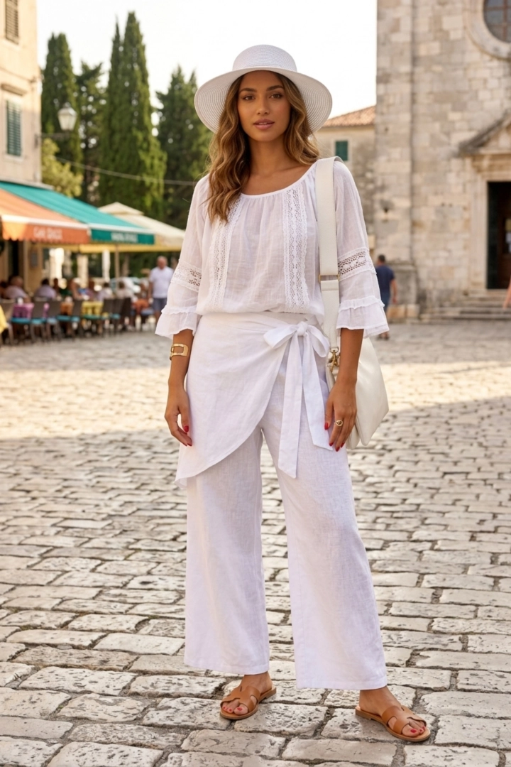 Spodnie damskie lniane białe wide leg z wysokim stanem i kopertową wiązaną zakładką Acquabona