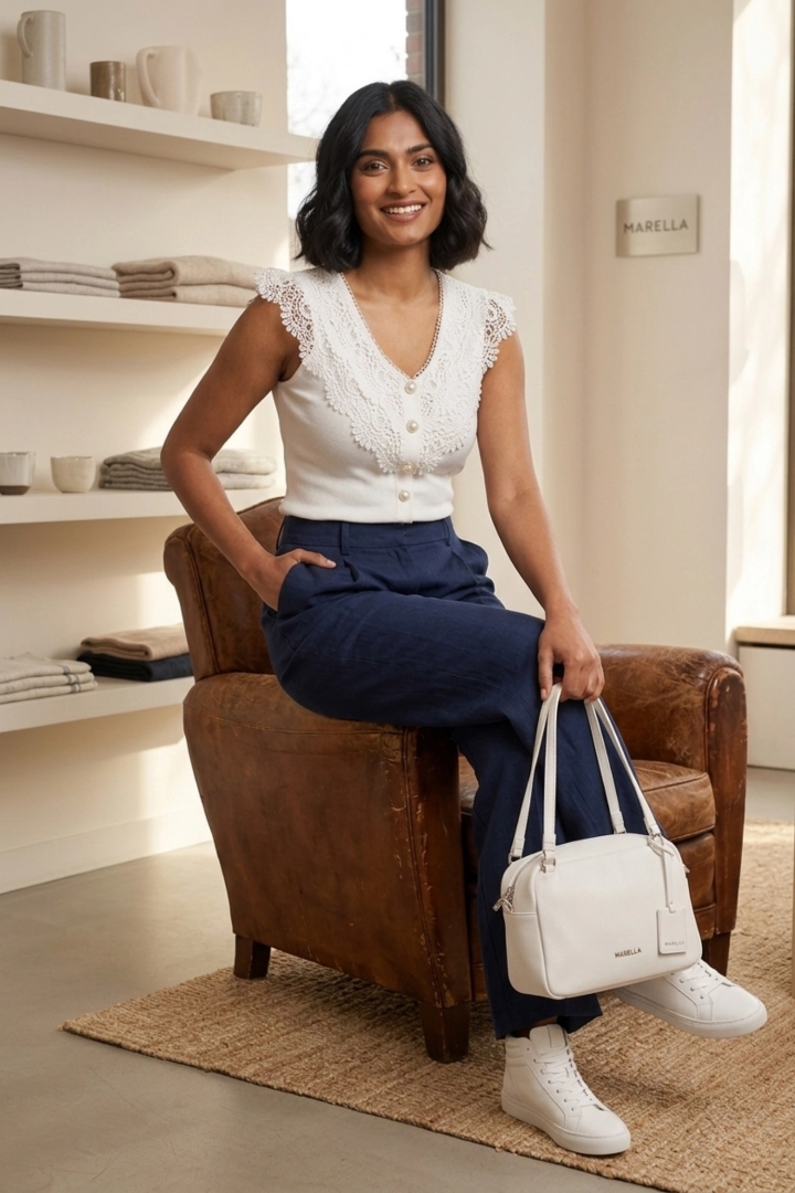 Biała bluzka damska Eupilio szerokie ramiączka elegancki fason na lato z ozdobnymi guzikami przyciąga uwagę subtelnym detalem.