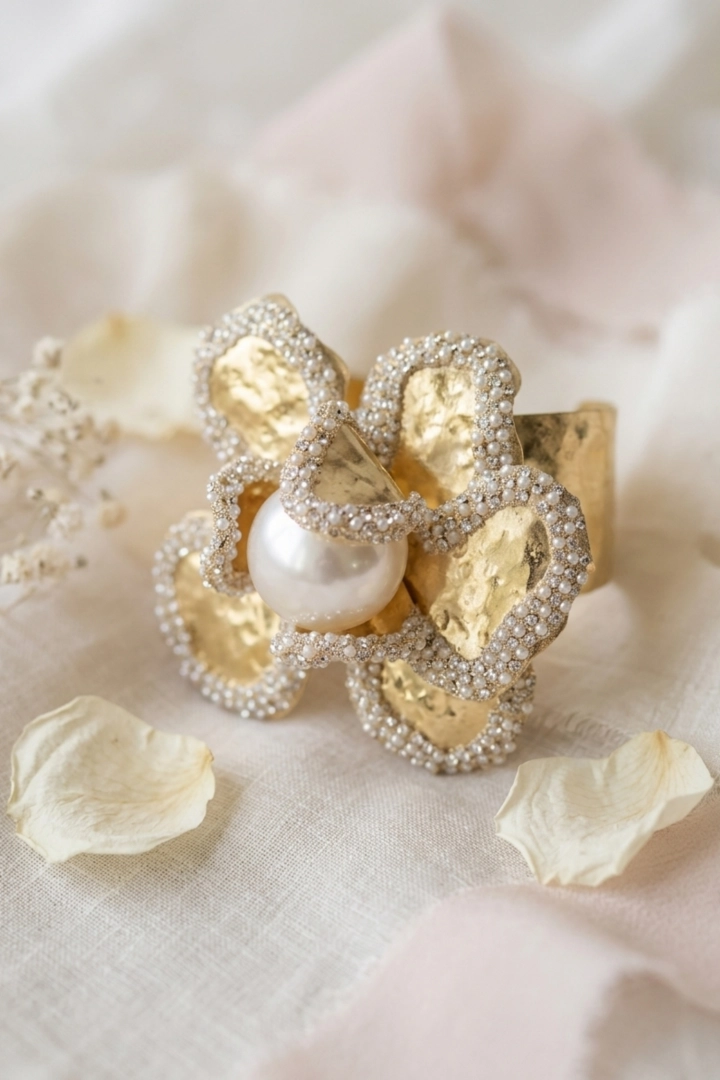 Bransoletka damska złota ozdobna kwiat z perłą i błyszczącymi detalami Gazzivi