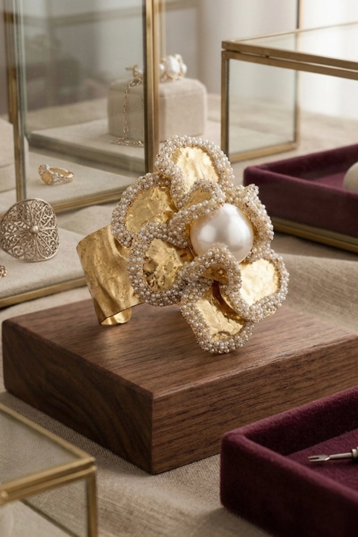 Bransoletka złota bangle kwiatowa z perłą efektowna biżuteria damska Gazzivi