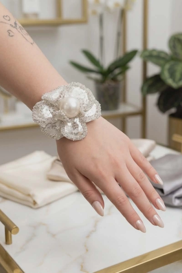 Bransoletka damska srebrna bangle kwiat z perłą i cyrkoniami Gazzivi