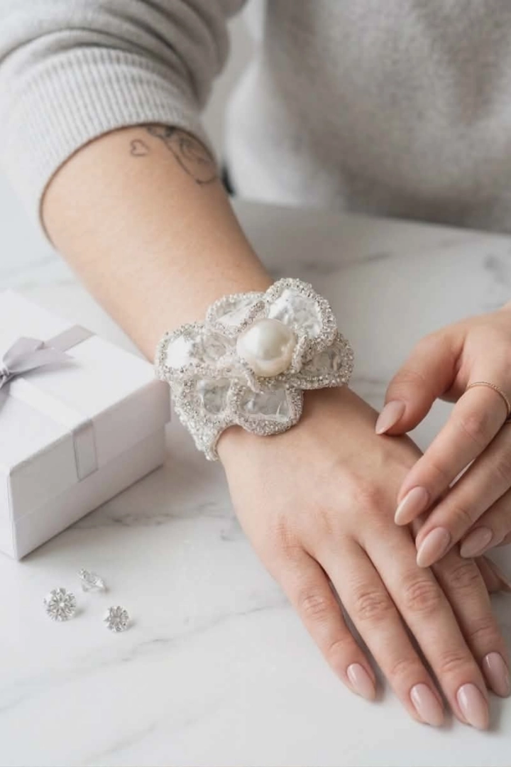 Bransoletka damska srebrna ozdobna kwiat z perłą i błyszczącymi detalami Gazzivi