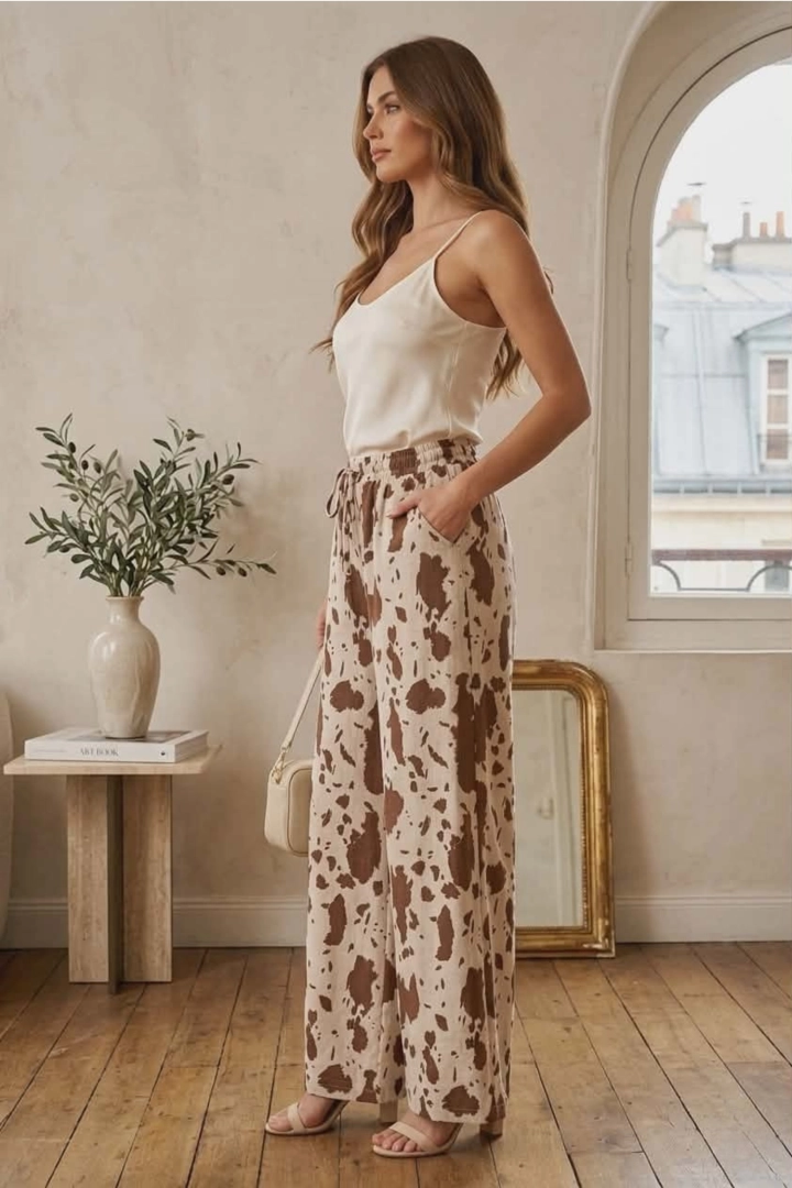 lniane spodnie damskie beżowe szerokie nogawki wide leg wysoki stan na gumce troczki print brązowy