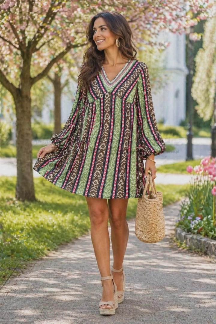 Sukienka Fenis damska azteckie wzory pistacjowo różowa dekolt V frędzle rękaw zakończony gumką