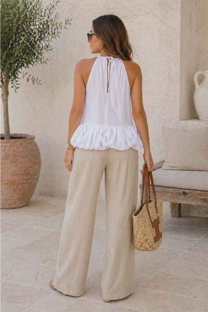 biała bluzka damska halter na ramiączkach z falbanką rozkloszowana elegancka top letni Centegnano