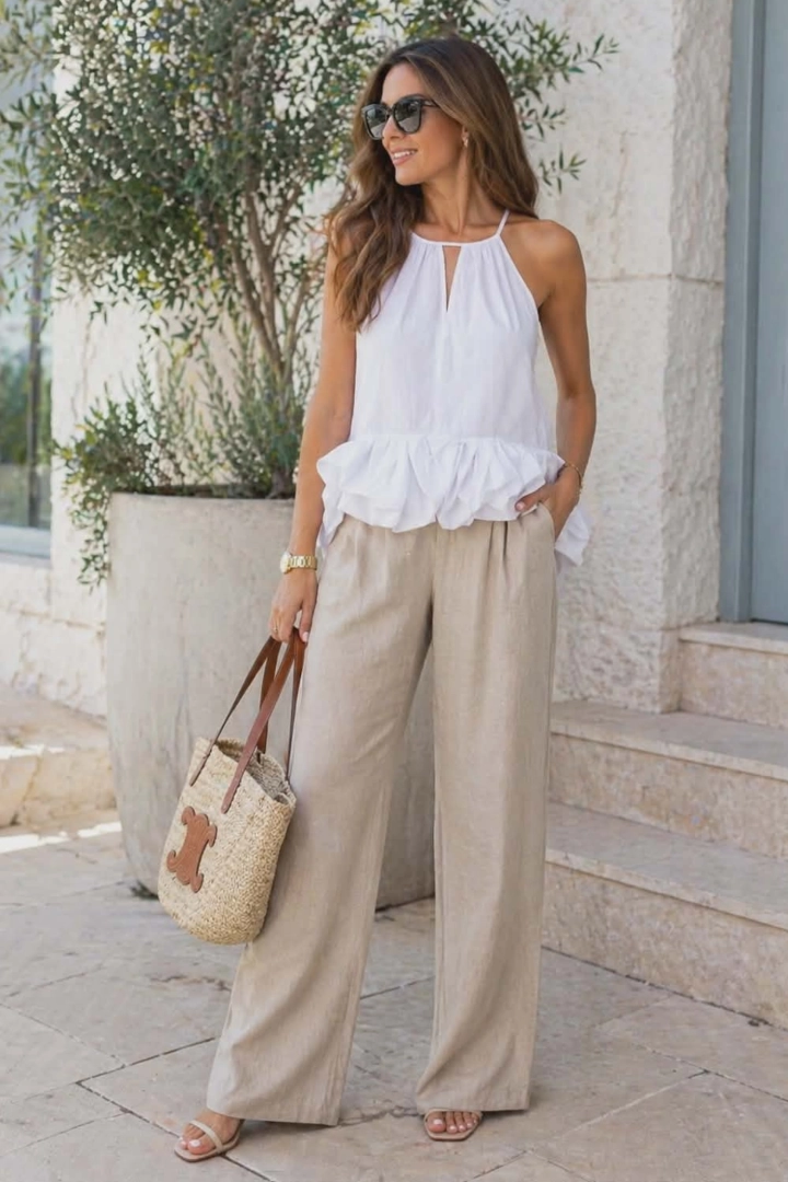 Bluzka damska halter biała na ramiączkach z falbanką rozkloszowany dół elegancka Centegnano