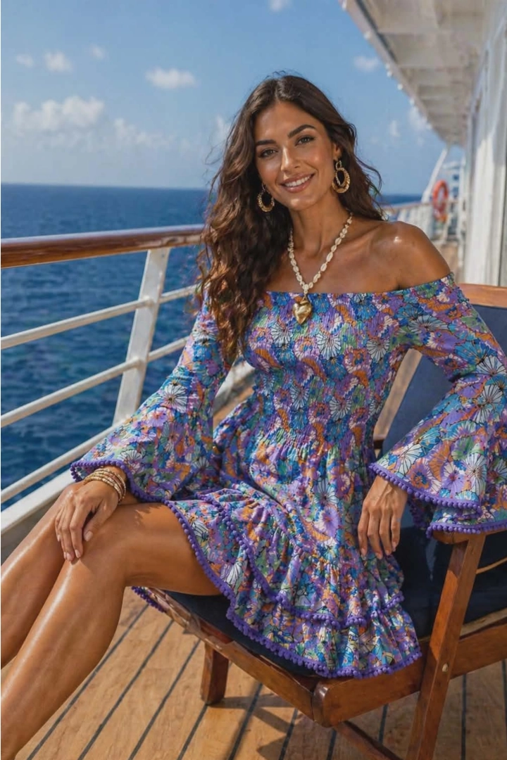 Sukienka Argelato liliowa hiszpanka mini jedwabna z falbankami i kwiatowym printem