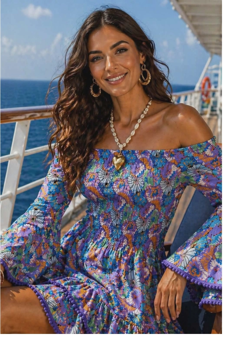 Sukienka Argelato liliowa jedwabna hiszpanka mini zwiewna falbanki kwiatowy wzór