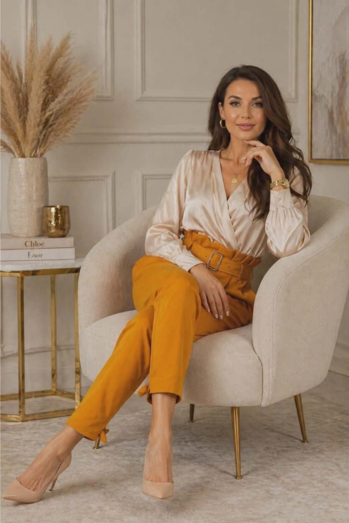 Spodnie damskie Mornasco musztardowe paperbag o wysokim stanie z marszczeniem w talii i kieszeniami bocznymi to wygodny fason na co dzień