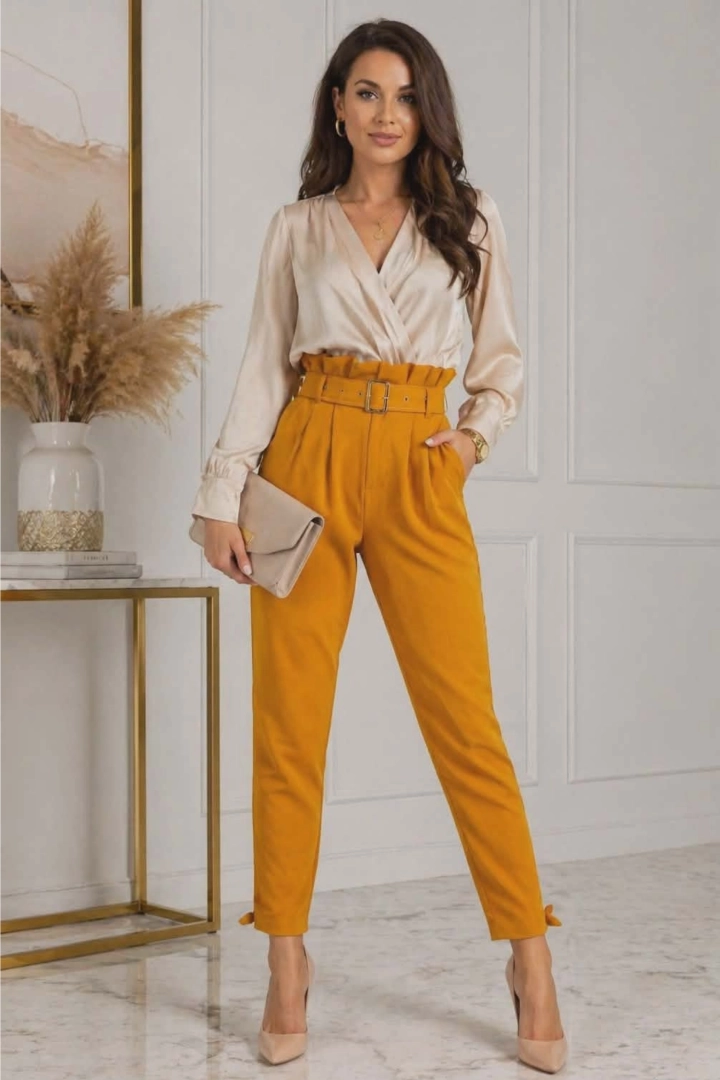 Spodnie damskie Mornasco musztardowe paperbag z wysokim stanem i zwężaną nogawką to fason wysmuklający nogi i maskujący brzuch