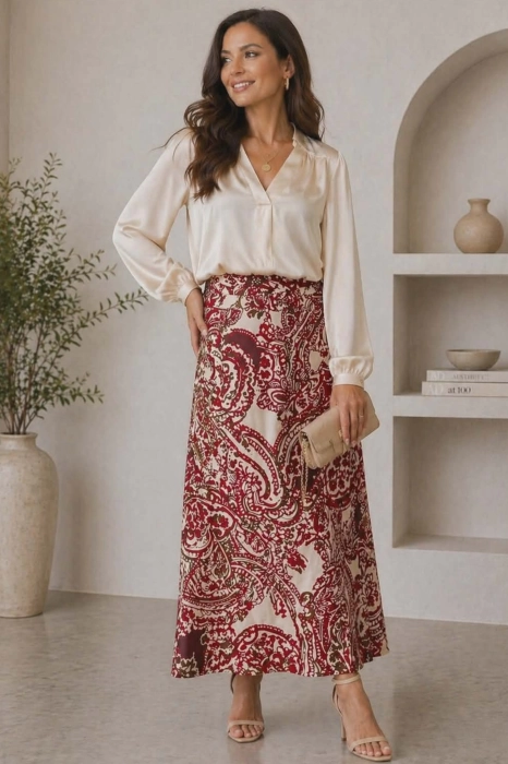 Spódnica satynowa Faloppio burgundowa maxi o luźnym fasonie z gumką w pasie i wzorem paisley sprawdzi się na co dzień i na wyjścia