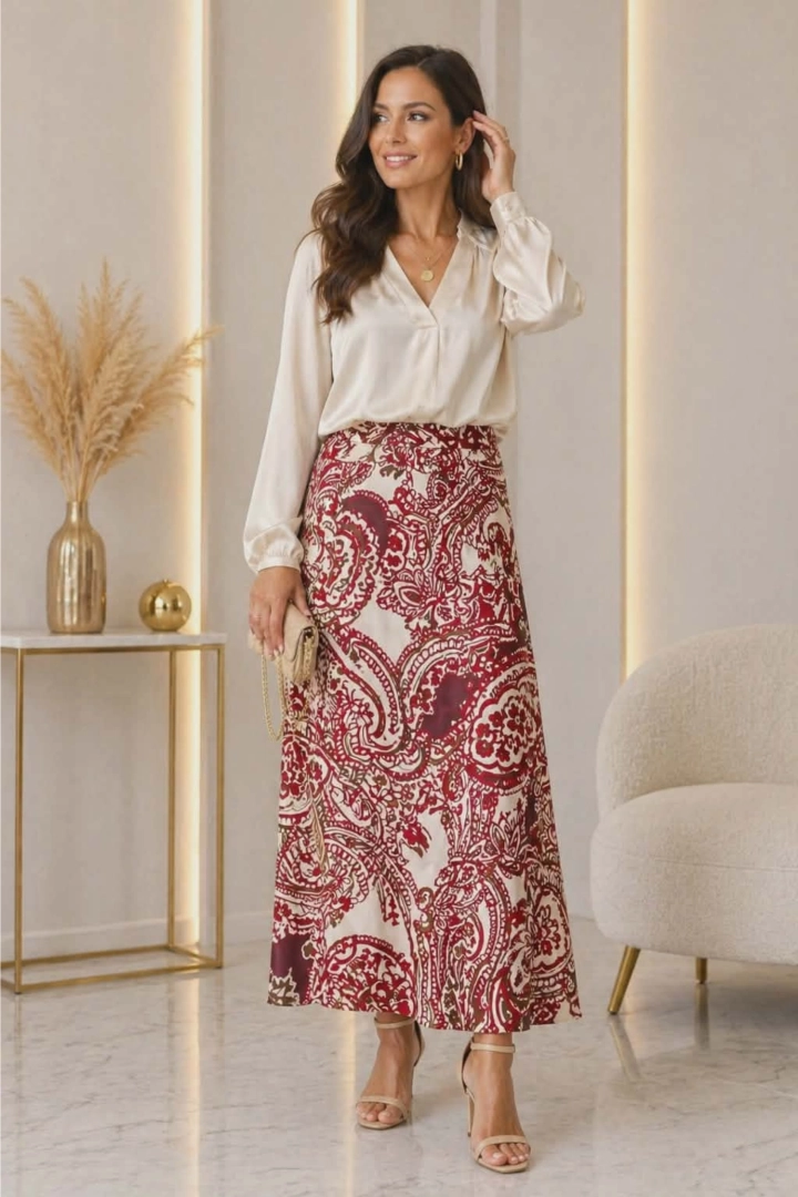 Spódnica damska Faloppio burgundowa maxi o satynowym fasonie z elastycznym pasem i wzorem paisley to propozycja dla kobiet chcących zamaskować niedoskonałości