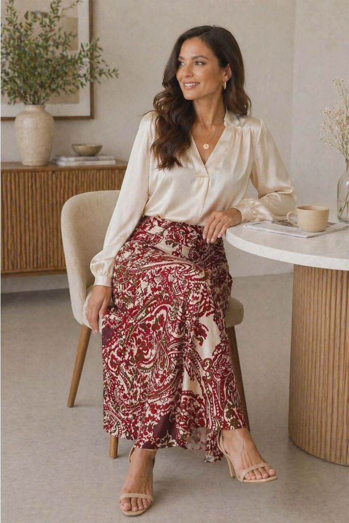 Spódnica Faloppio burgundowa maxi o fasonie ze skosu z satyny i drobnym wzorem paisley nie opina ciała i daje swobodę ruchów
