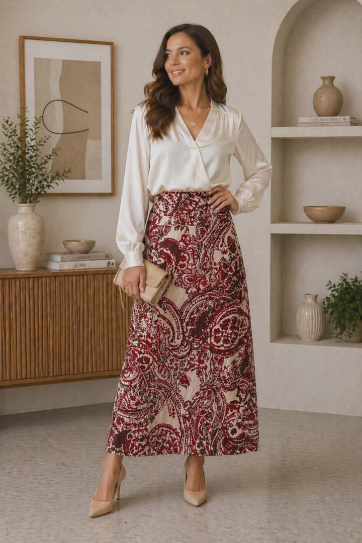 Spódnica Faloppio burgundowa maxi o fasonie ciętym ze skosu z satynowego materiału i printem paisley pomaga ukryć biodra i uda