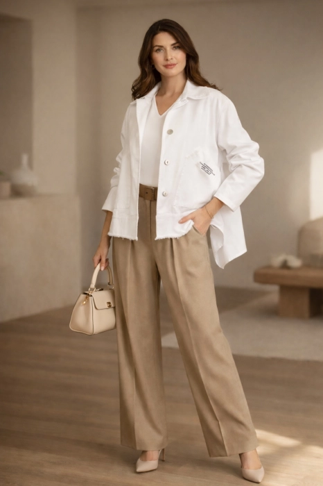 Kurtka Castenaso jeansowa asymetryczna biała z ozdobnymi wstawkami po bokach na guziki z kołnierzem